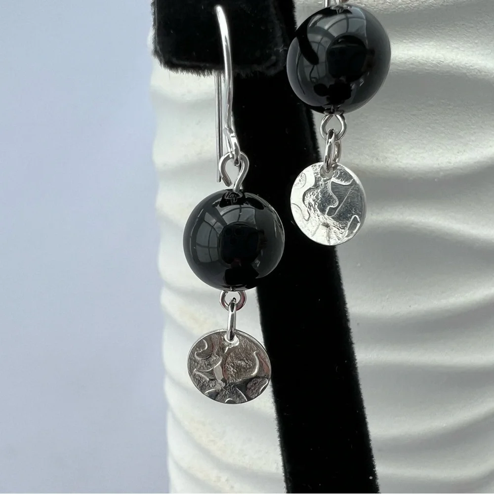 Artisan Black Onyx with Embossed Sterling Silver Disk Earrings - Picture 5 of 14
